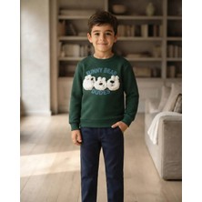 Koyu Yeşil – Erkek Çocuk Lacivert Ayı Figürlü Sweatshirt Rahat Kesim Üst Giyim