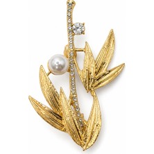 Stelle Jewelry Altın Renk Inci ve Zirkon Taşlı Yaprak Dal Broş – 5,5 x 3,5 cm