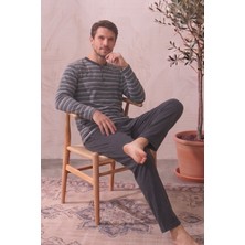 Farya Home Pamuklu Düğmeli Yaka Uzun Kollu Çizgili Erkek Pijama Takımı