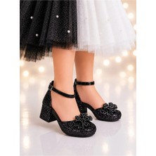 NeSe Shoes Işıl Işıl Kız Çocuk Topuklu Ayakkabı, Abiye Ayakkabı, Yeni Sezon, Pırıltılı Siyahck