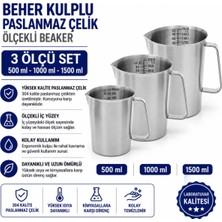 Labolist Beher Kulplu Paslanmaz Çelik 500 1000 1500 ml - 3 Ölçü Set