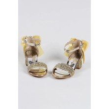 NeSe Shoes Işıltılı ve Taşlı Fiyonklu Kız Çocuk Topuklu Ayakkabı, Abiye Ayakkabı, Yeni Sezon, Pırıltılı Altın