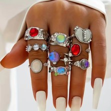 Takıtolia Alise - Gümüş 9 Adet Kristal Taşlı Kırmızı Şık Tasarım Vintage Çoklu Ayarlanabilir Silver Yüzük Seti