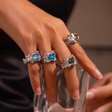 Takıtolia Velen Gümüş 4 Adet Mavi Yeşil Turuncu Taşlı Tasarım Vintage Çoklu Ayarlanabilir Silver Yüzük Seti