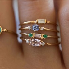 Takıtolia Azela Gold 4 Adet Kristal Yeşil Taşlı Tasarım Vintage Çoklu Altın Yüzük Seti
