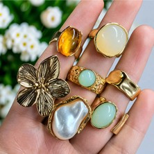 Takıtolia Begom Gold 7 Adet Çoklu Ayarlanabilir Yüzük Seti - Renkli Taşlı Çiçek Figürlü Tasarım Vintage Altın Kombin Yüzük