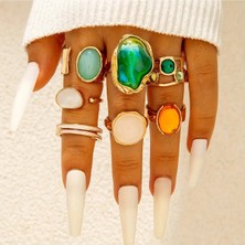 Takıtolia Cameo Gold 7 Adet Çoklu Ayarlanabilir Yüzük Seti - Renkli Taşlı Yeşil Mavi Tonlarda Tasarım Vintage Altın Kombin Yüzük