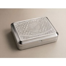 Han Tobacco Desenli Metal Tütün Saklama Kutusu – Gümüş Renk, Altın Iç Yüzey, Kapaklı, 11X8X3 cm