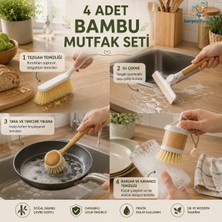 Mrt Bilişim 4 Lü Mutfak Temizlik Seti Bambu Saplı Mutfak Yardımcısı Süpürge - Çekçek - Bardak Fırçası - Tabak Fırçası Sert App Kıllar Çok Amaçlı Bambu Temizlik Seti