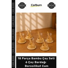 Carlburn Özel Üretim Modern Şık Tasarım Doğal Ahşap 18 Parça Bambu Çay Seti 6 Çay Bardağı Borosilikat Cam