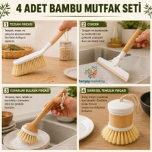 Mrt Bilişim Mutfak Bambu Seti 4 Parça Pratik Temizlik Seti Tabak Yıkama Bardak Yıkama Tezgah Çekçek Süpürge Ahşap Bambu Saplı