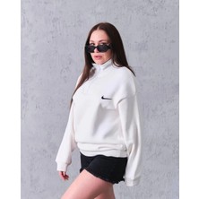 Kadın Yarım Fermuarlı Üç Iplik Şardonlu Pamuklu Sweatshirt - Beyaz