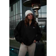 Kadın Yarım Fermuarlı Üç Iplik Şardonlu Pamuklu Sweatshirt - Siyah