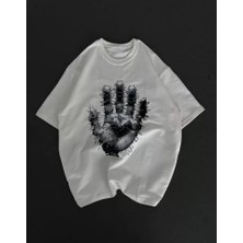 Demir Grup cc Unisex Bisiklet Yaka Baskılı Oversize T-Shirt - Beyaz