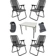 Moniev Litea 4 Adet Kamp Sandalyesi Katlanır Piknik Sandalye ve Bardaklık Gri + Katlanır Mdf Masa
