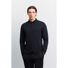 AVVA Erkek Siyah Polo Yaka Düğmeli Teknik Kumaş Uzun Kol Basic Regular Fit T-Shirt A62Y1014