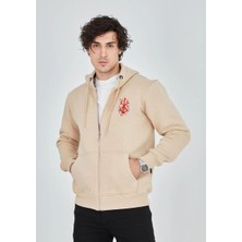 Velmora Fashion Erkek 3 İplik Pamuklu Kapüşonlu Tam Fermuarlı Cepli Hoodie Sweatshirt - Bej