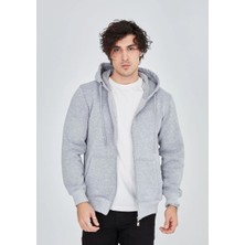 Velmora Fashion Erkek 3 İplik Pamuklu Kapüşonlu Tam Fermuarlı Cepli Hoodie Sweatshirt - Gri