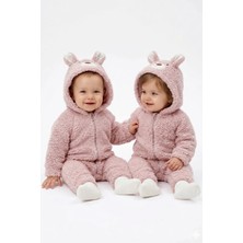 Bebegen Unisex Pembe Ayı Nakışlı Kapşonlu Peluş Tulum