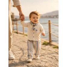 Omeca Concept Çizgili Pantolon ve Fular Detaylı Ekru Erkek Bebek 3’lü Takım