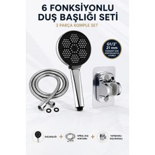 Plodna House 6 Fonksiyonlu Duş Başlığı Seti, Spiral Duş Hortumu ve Yapışkanlı Duş Mafsalı, G1/2 21 mm – 3 Parça