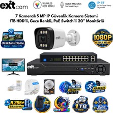 Karer Exitcam 7 Kameralı 5 Mp Ip Poe Güvenlik Kamera Sistemi – 20 Inç Monitör, 1 Tb Hdd, 100 Metre Kablo, Sesli ve Gece Renkli