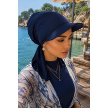 Aişe Tesettür Lacivert Kepli Deniz / Havuz Kullanımına Uygun Bağcıklı Eşarp Bone