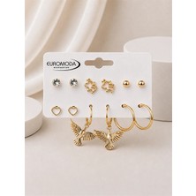 twingold Anka Kuşu Detaylı Gold Renk 6'lı Küpe Seti