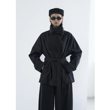 Moda Aksa 0 Dik Yaka Çift Düğmeli Trenç Siyah