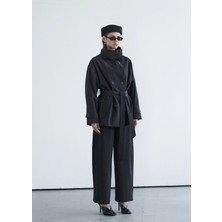 Moda Aksa 0 Dik Yaka Çift Düğmeli Trenç Siyah