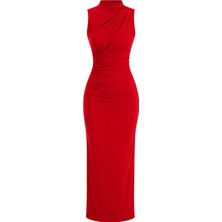Laluvia Kırmızı Drapeli Yırtmaçlı Midi Elbise - 2Y4114