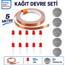 Eding Eğitim Platformu Eding Kağıt Devre Kiti – 5 Metre Bakır Folyo Iletken Bant, CR2032 Pil ve 5 mm LED | Stem Basit Elektrik Devresi Deney Seti