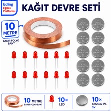 Eding Eğitim Platformu Eding Kağıt Devre Sınıf Kiti – 10 Metre Bakır Folyo Iletken Bant, CR2032 Pil ve 5 mm LED | Stem Basit Elektrik Devresi Deney Seti