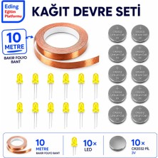 Eding Eğitim Platformu Eding Kağıt Devre Sınıf Kiti – 10 Metre Bakır Folyo Iletken Bant, Sarı CR2032 Pil ve 5 mm LED | Stem Basit Elektrik Devresi Deney Seti