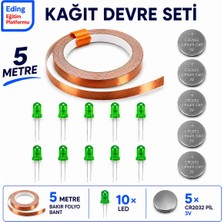 Eding Eğitim Platformu Eding Kağıt Devre Kiti – 5 Metre Bakır Folyo Iletken Bant, Yeşil 5 mm LED CR2032 Pil | Stem Elektrik Devresi Deney Seti