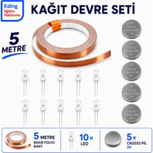Eding Eğitim Platformu Eding Kağıt Devre Kiti – 5 Metre Bakır Folyo Iletken Bant, CR2032 Pil ve 5 mm Beyaz LED | Stem Basit Elektrik Devresi Deney Seti
