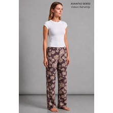 Mısırlı Kadın Viskon Çiçekli Alt Pijama Kahverengi