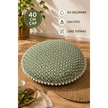 Rona Home Yuvarlak Dekoratif Minder 40 cm Yeşil Çiçek Desenli Puf Minder Beyaz Ponponlu Şık Ev Aksesuarı