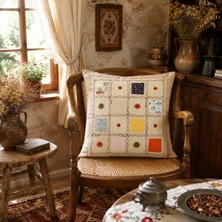 Ödel Home Sütlü Kahve Yama İşi, Nakışlı, El Emeği Dekoratif Kırlent Kılıfı 40x40 cm