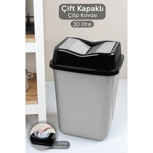 St. Morritz 30 Litre Çift Kapaklı Plastik Çöp Kovası - Ev Ofis Banyo Mutfak Çöp Kovası Gri