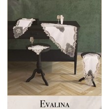 Ceki Home Evalina Model Krem-Krem 5 Parça Keten Dantelli Masa Örtüsü Seti Zarif Salon Takımı