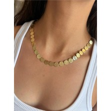 Hasır Dokulu Yuvarlak Pul Plakalı Choker 14 K Altın Kaplama Çelik Kolye