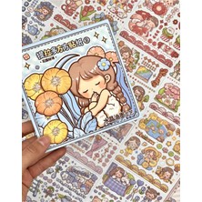 Kağıt Gemi Dükkan Tatlı Kız ve Tavşan Mavi Kutu 12 Yaprak Sticker 2 Yaprak Desenli Kağıt Çıkartma Etiket