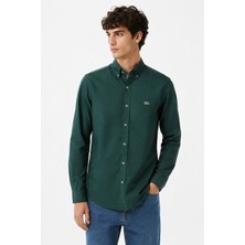 Lacoste Mens Slim Fit Green Shirt Dar Kesim Pamuklu Erkek Gömlek Yeşil