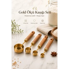 Memnun Ticaret Ahşap Saplı Gold Paslanmaz Çelik Lüks Mutfak Ölçü Kaşık Seti 4 parça