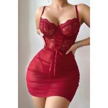 Selveta Bordo Büstiyer Kesim Dantel Babydoll Gecelik Özel Geceler Iç Giyim