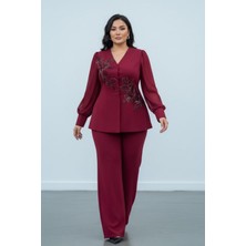 Kadın Büyük Beden Abiye Takım Taş Işlemeli Krep Ceket Pantolon Takım 36-48 46417