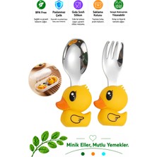 Jojobebek Ördek Figürlü Çocuk Paslanmaz Çelik Çatal ve Kaşık Seti (Sarı Renk)