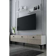 Dekortis Home Dekor 180DHDTRÜ7BT Ilay Lazer Desenli Raflı Tv Sehpası Ünitesi Beyaz-Traverten