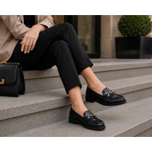 Zenora Shoes Kadın Loafer Makosen Casual Tokalı Günlük Cilt Siyah Ayakkabı